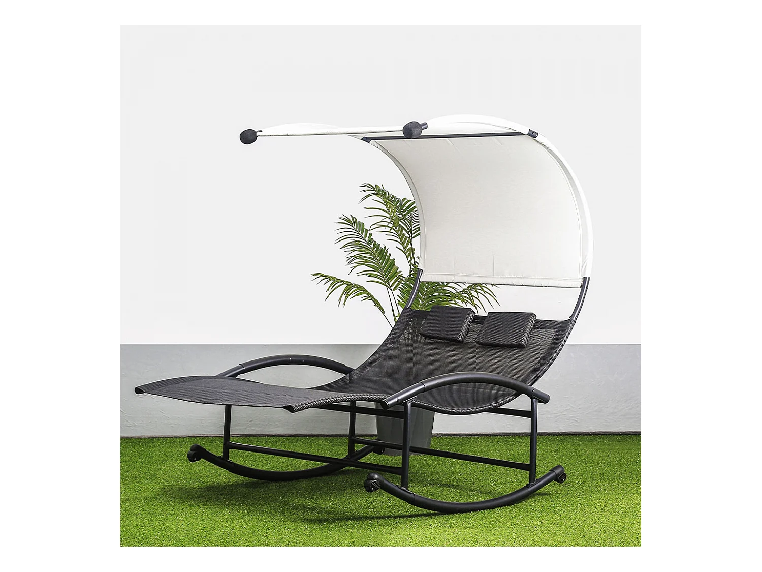 Tumbona doble con toldo negro y crudo ESSAOUIRA