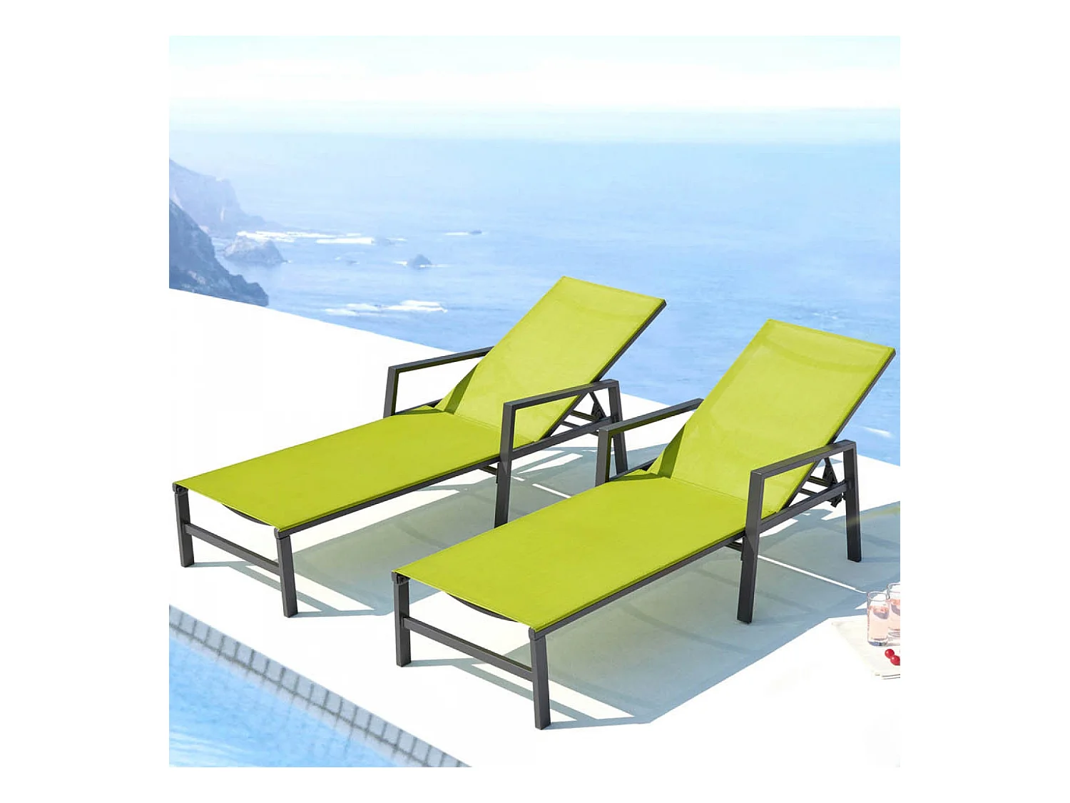 Lot de 2 transats en aluminium gris foncé et vert BARI