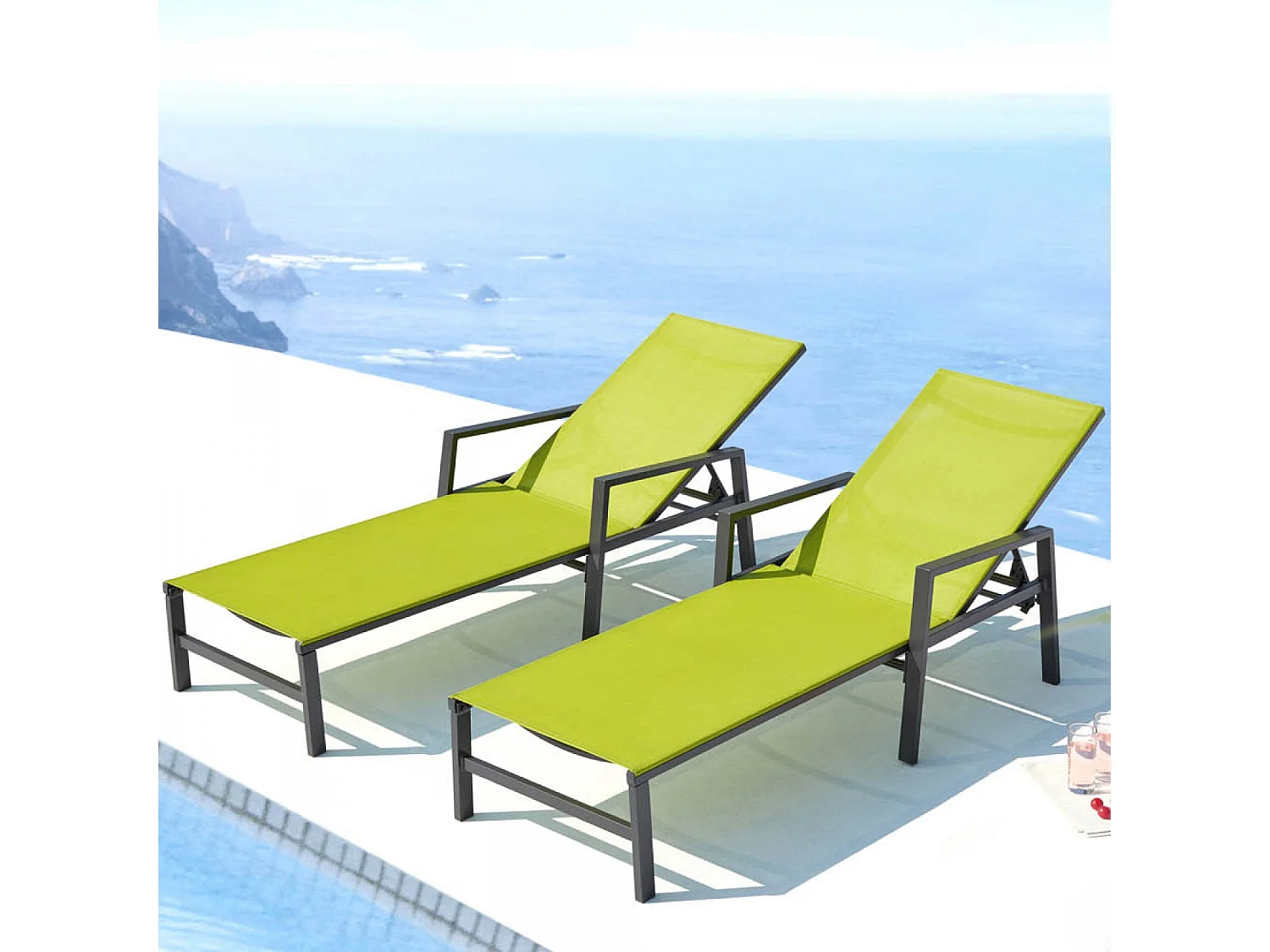 Lot de 2 transats en aluminium gris foncé et vert BARI
