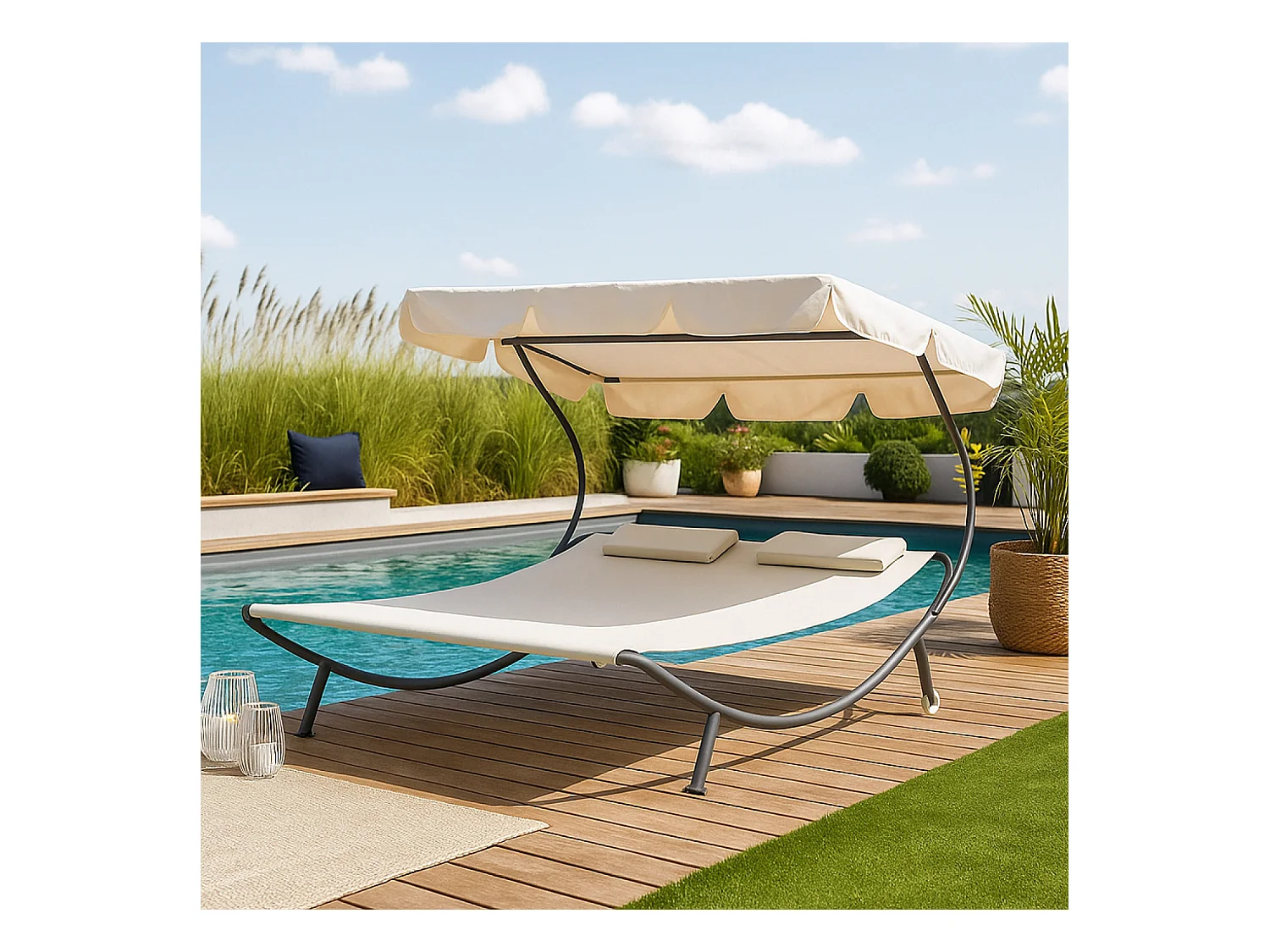 Ligbed voor 2 Personen met Parasol Écru Aloha van Moderne Oxford Stof