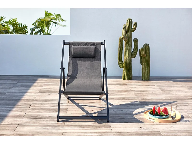Espreguiçadeira de jardim cinza em alumínio TEVATA Cadeira de praia reclinável com almofada - Design contemporâneo