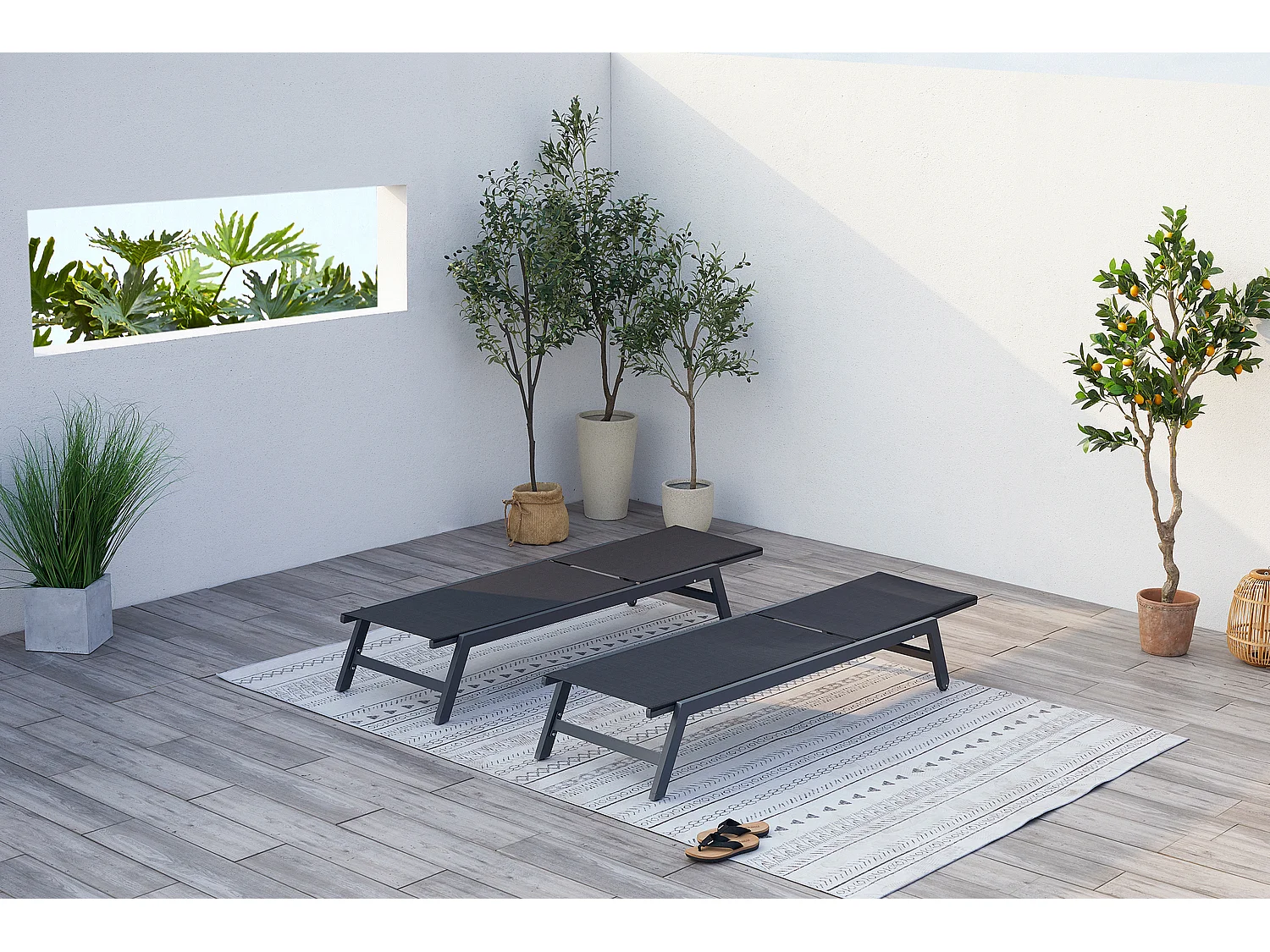 Lot de 2 transats avec roulettes gris foncé et noir PRATO