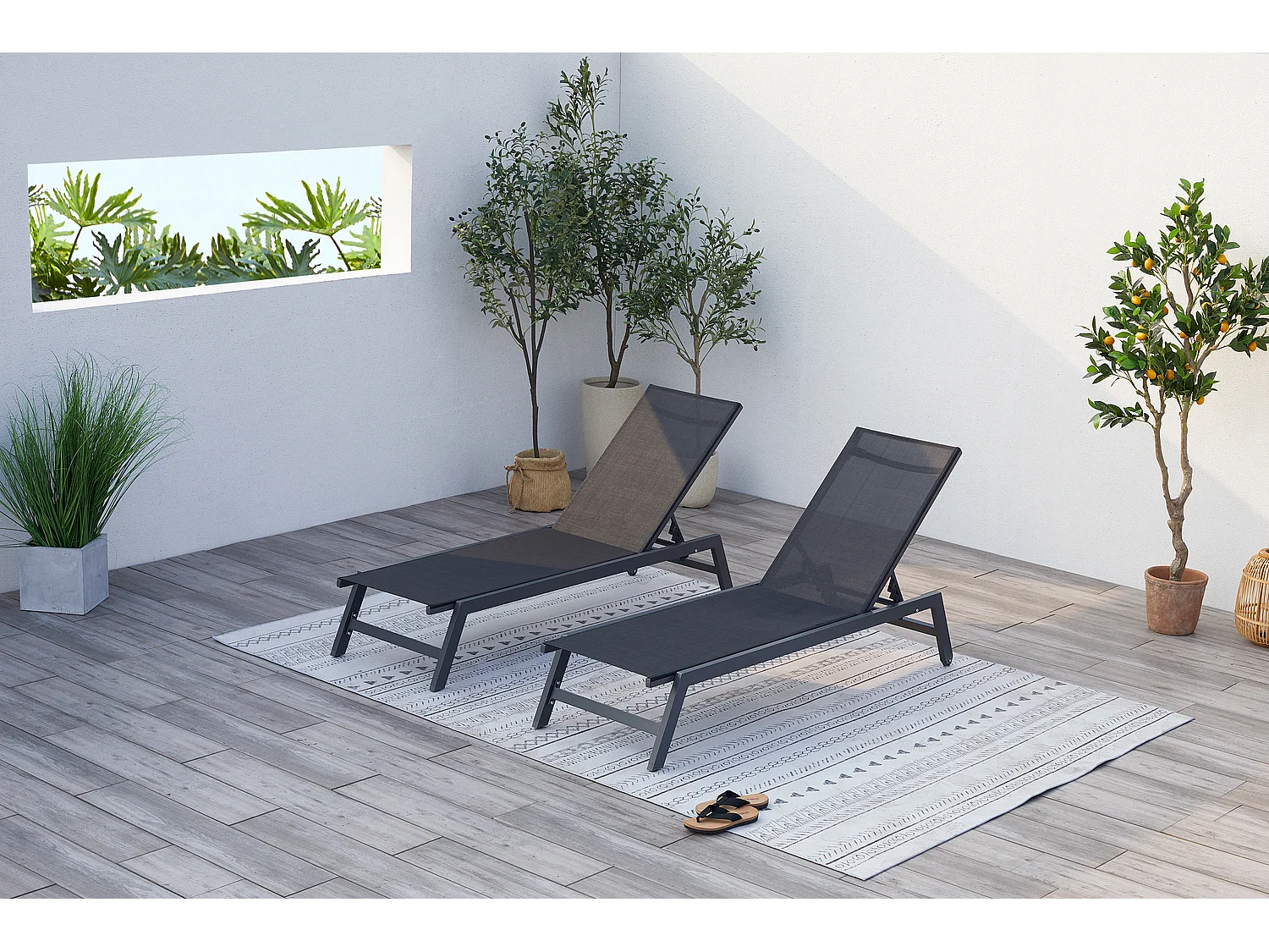 Lot de 2 transats avec roulettes gris foncé et noir PRATO