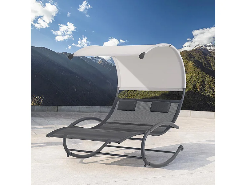 Tuinschommel Ligbed Dubbel met Zonnescherm VAÏTA 2 Zitplaatsen Zwart & Grijs