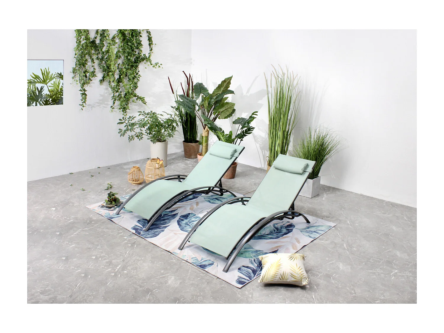 Bahia vert pastel x2 : Lot de 2 transats en aluminium et toile PVC