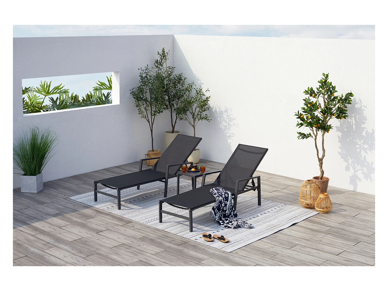 Lot de 2 transats et une table d'appoint noir BARI