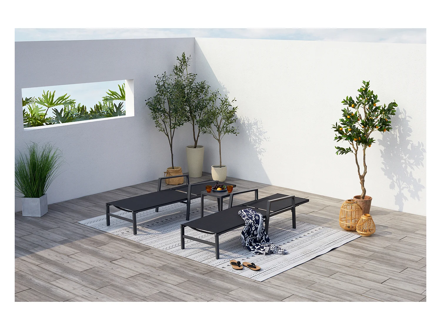 Lot de 2 transats et une table d'appoint noir BARI