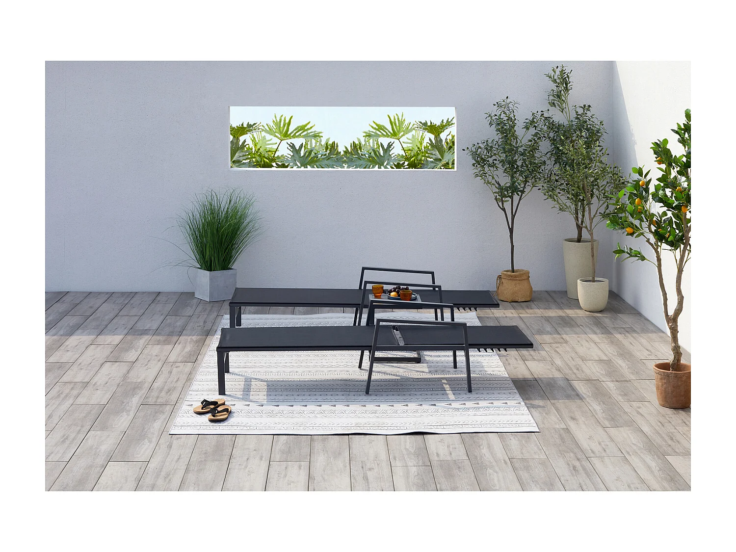 Lot de 2 transats et une table d'appoint noir BARI