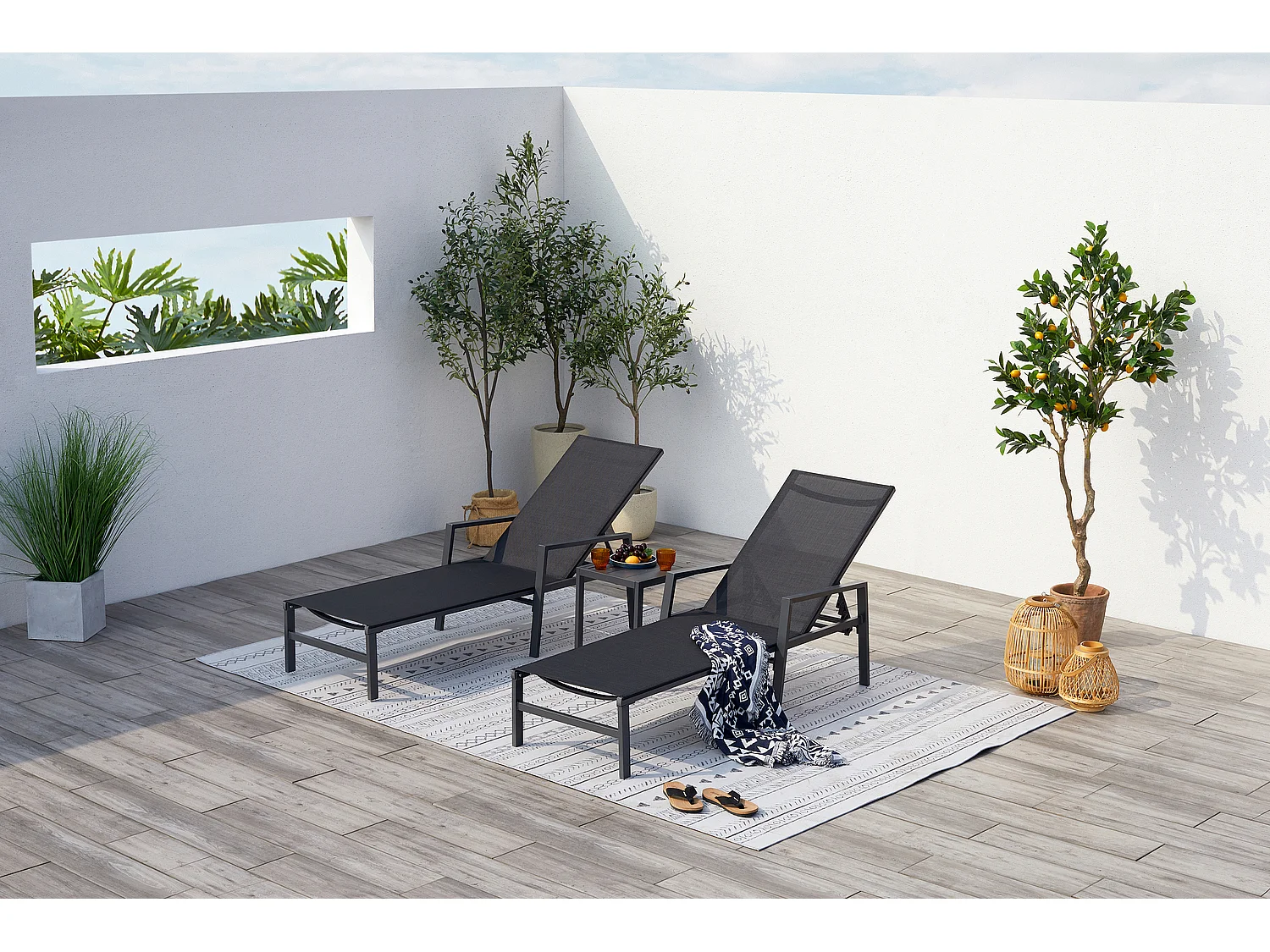 Lot de 2 transats et une table d'appoint noir BARI