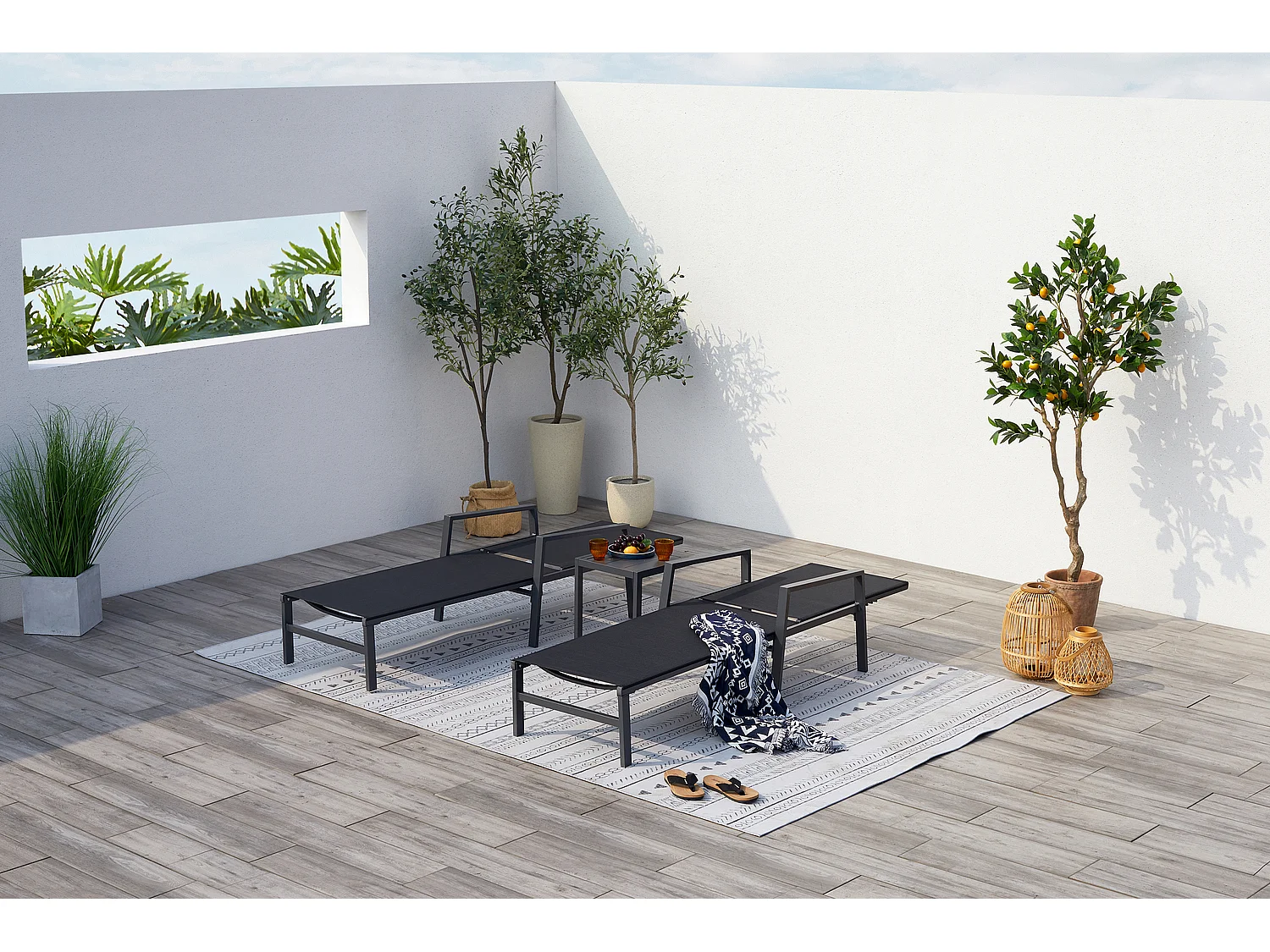 Lot de 2 transats et une table d'appoint noir BARI