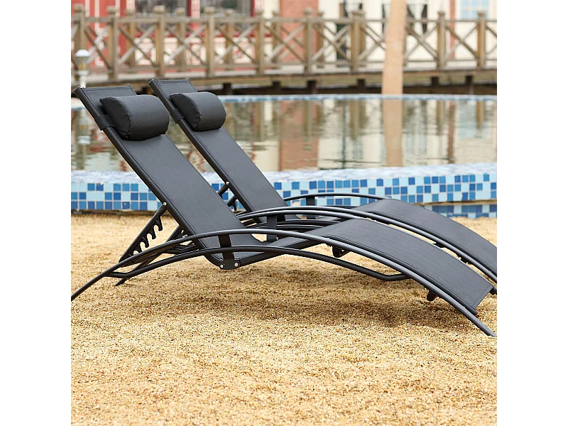 Lot de 2 transats empilables et ajustables en alu noir BAHIA