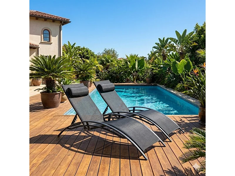 Lot de 2 transats empilables et ajustables en alu noir BAHIA