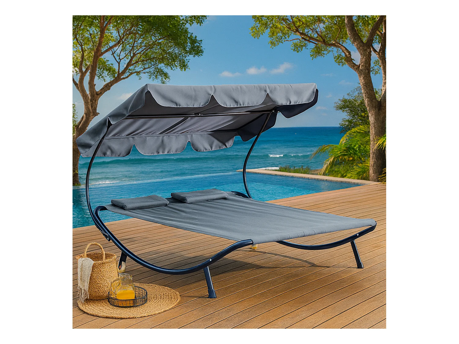 Sdraio 2 posti con parasole in tessuto Oxford grigia ALOHA