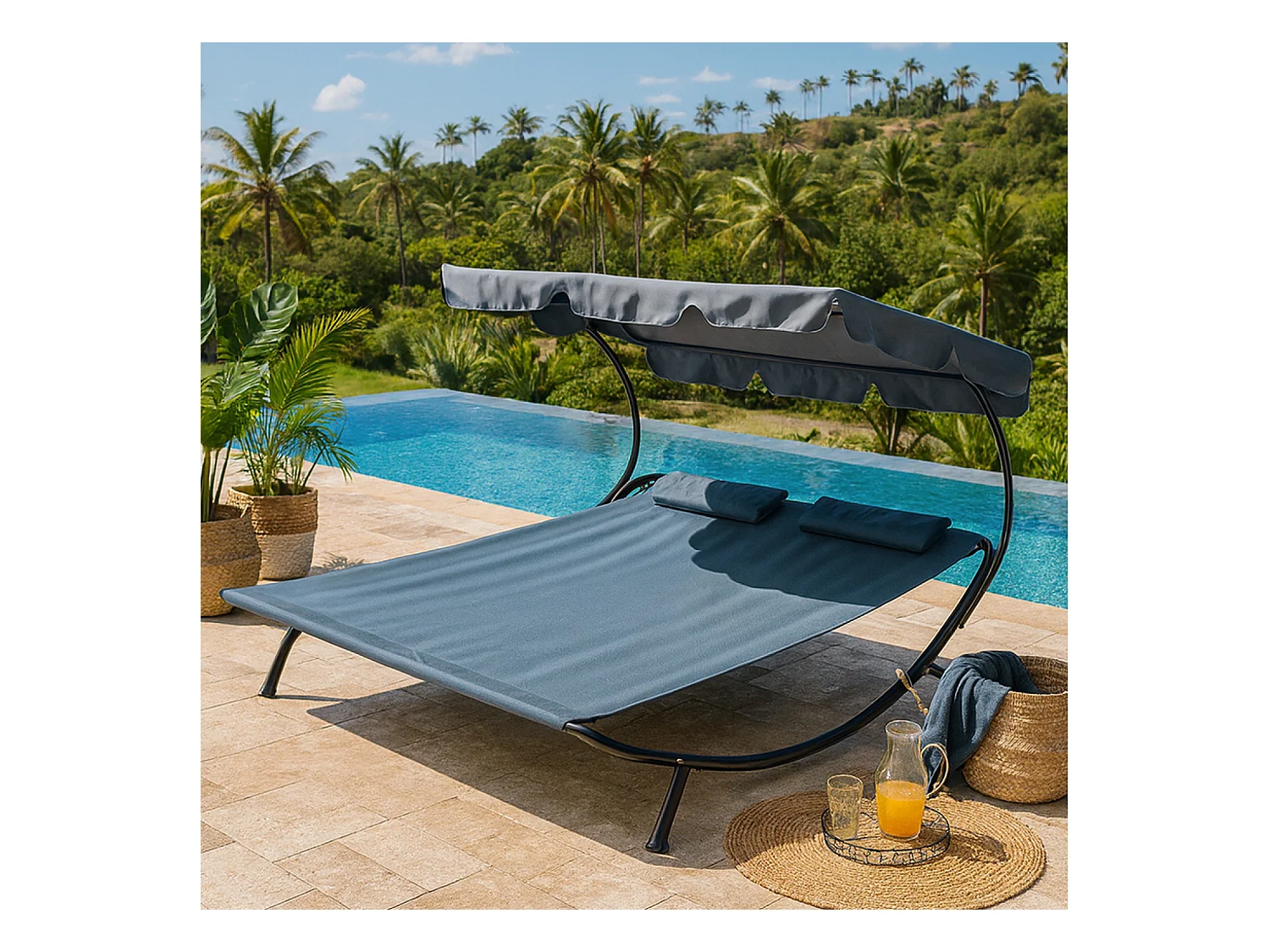 Sdraio 2 posti con parasole in tessuto Oxford grigia ALOHA