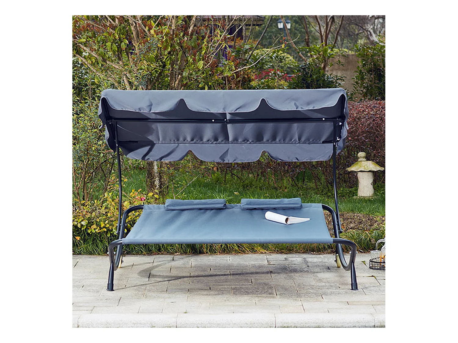 Sdraio 2 posti con parasole in tessuto Oxford grigia ALOHA