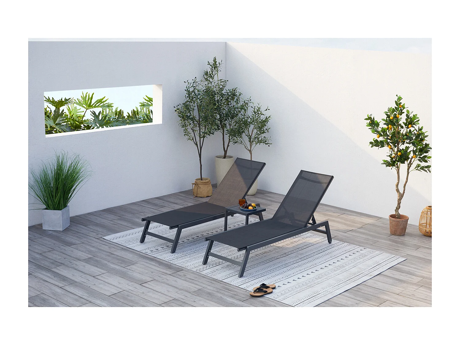 Lot de 2 transats et une table d'appoint noir PRATO