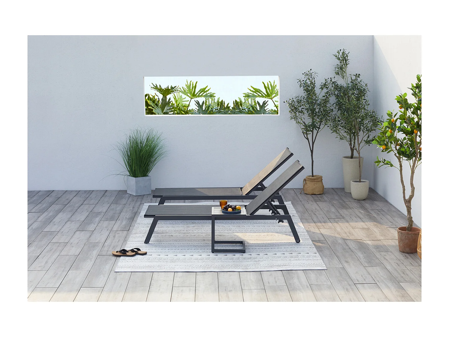 Lot de 2 transats et une table d'appoint noir PRATO