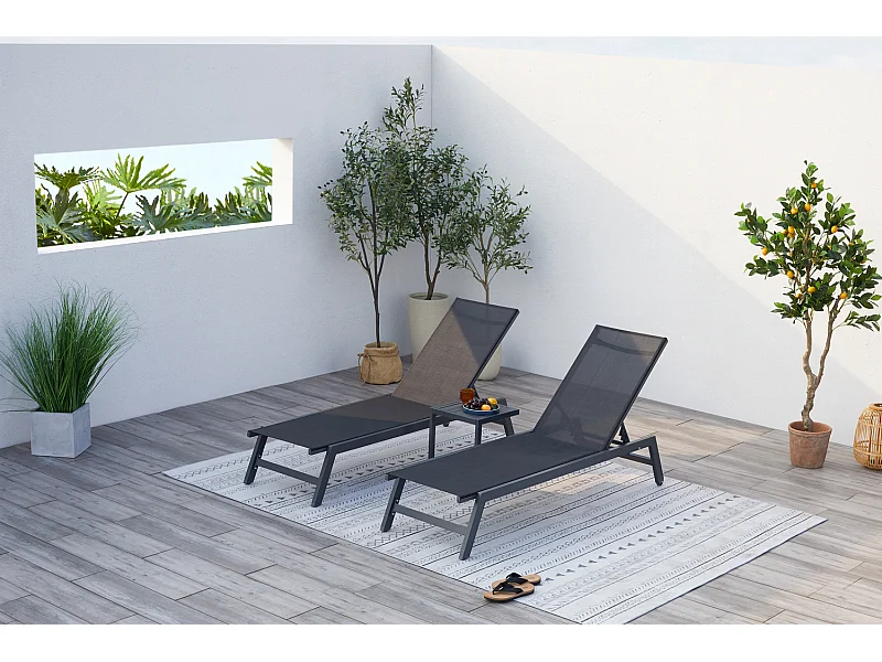 Lot de 2 transats et une table d'appoint noir PRATO