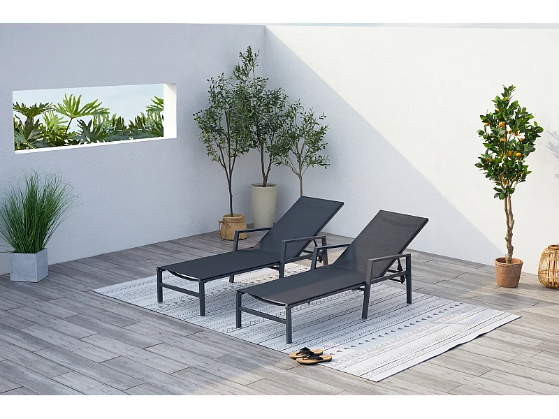 2er Set Liegestühle aus Aluminium, dunkelgrau und schwarz BARI