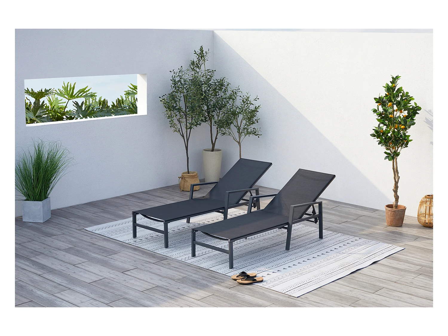 Lot de 2 transats en aluminium gris foncé et noir BARI