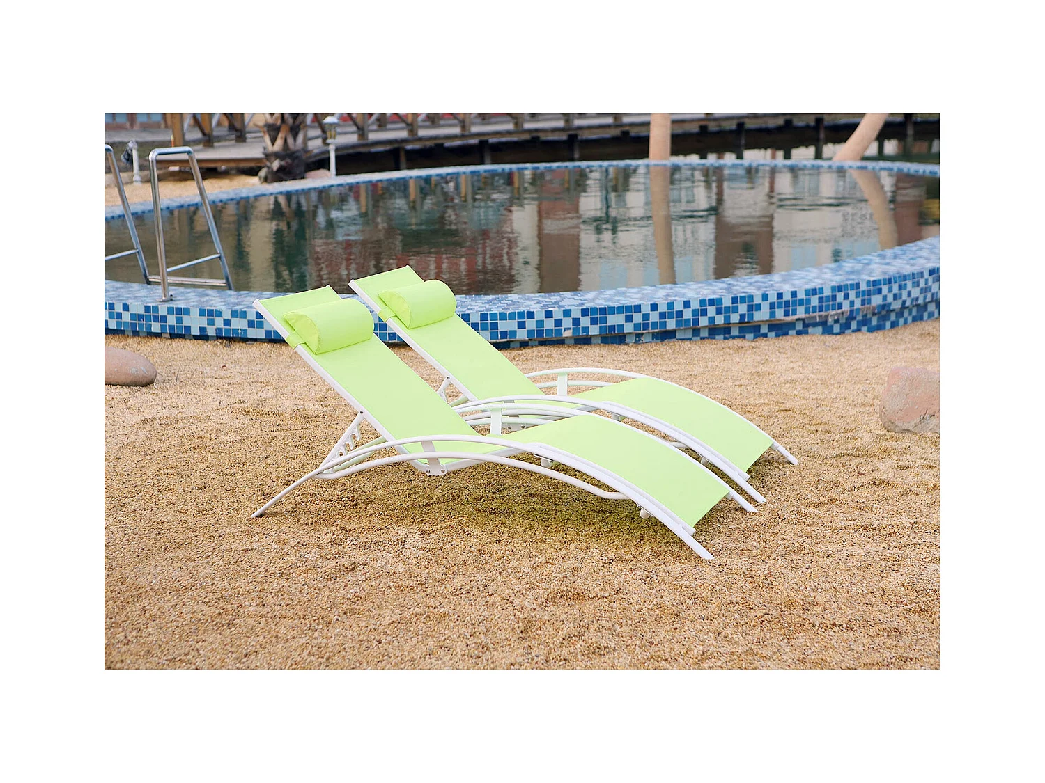 Set van 2 tuinzonnebedden groen/wit BAHIA van aluminium - Comfortabel en licht