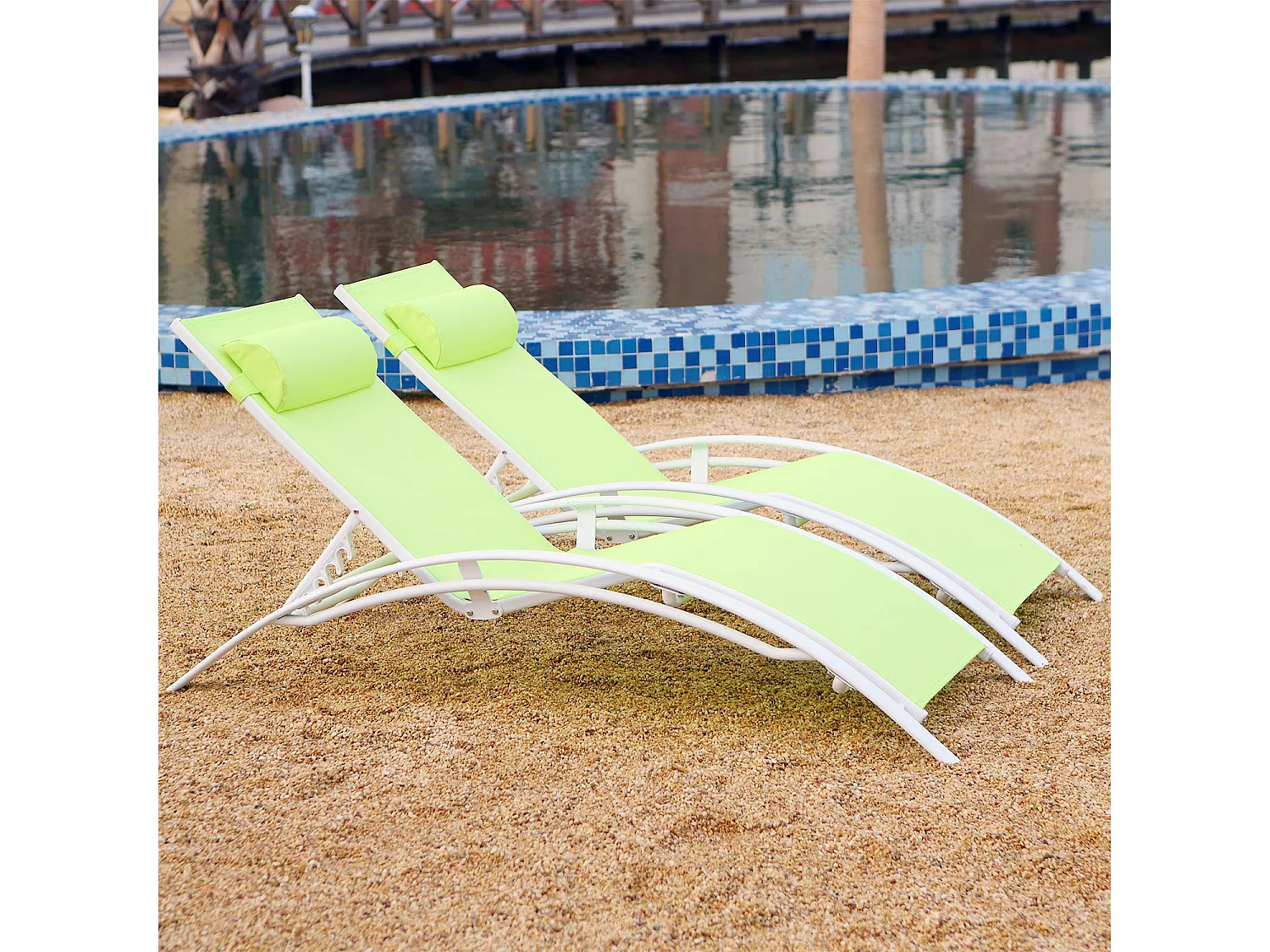 Lot de 2 transats empilables et ajustables en alu vert-blanc BAHIA
