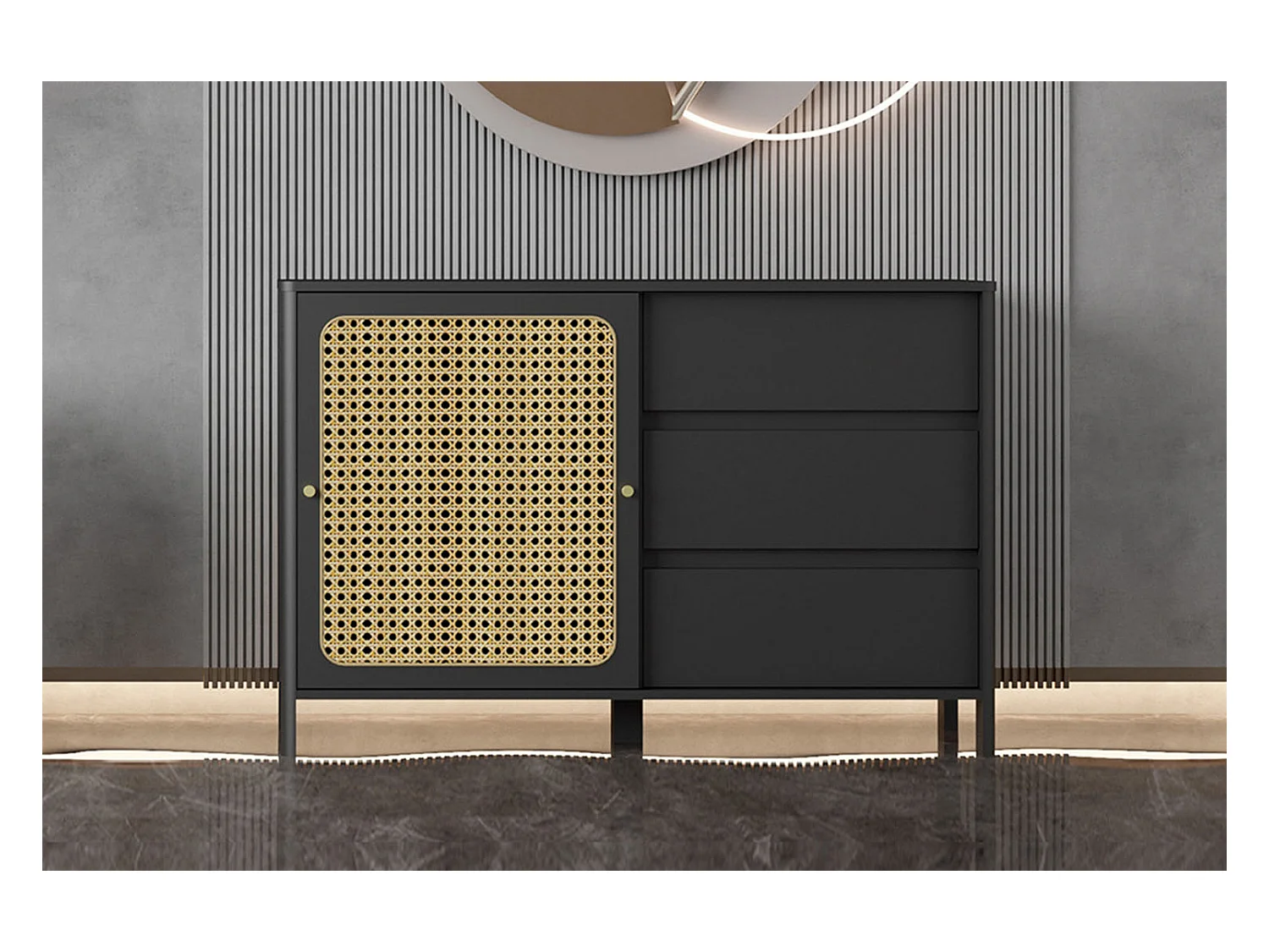 Aparador de madera negro y de mimbre BALI