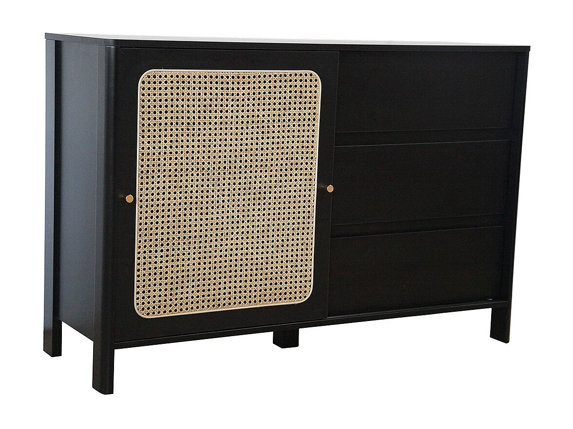 Aparador de madera negro y de mimbre BALI