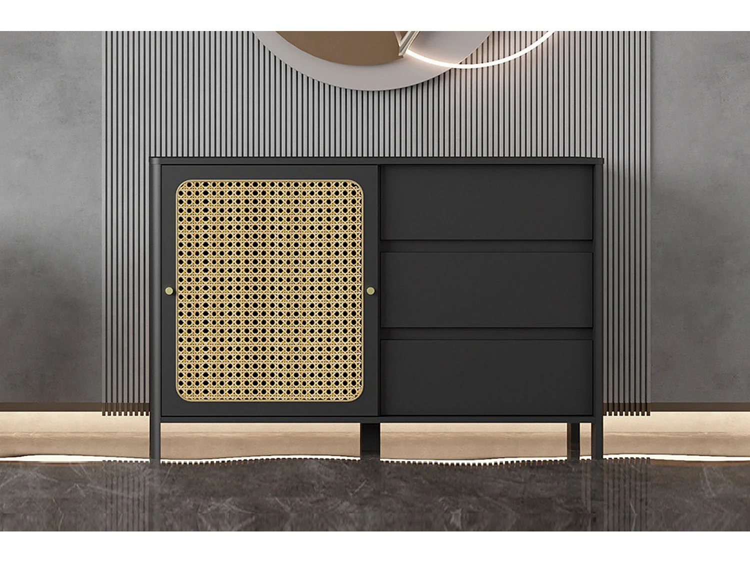 Buffet en bois noir effet cannage BALI