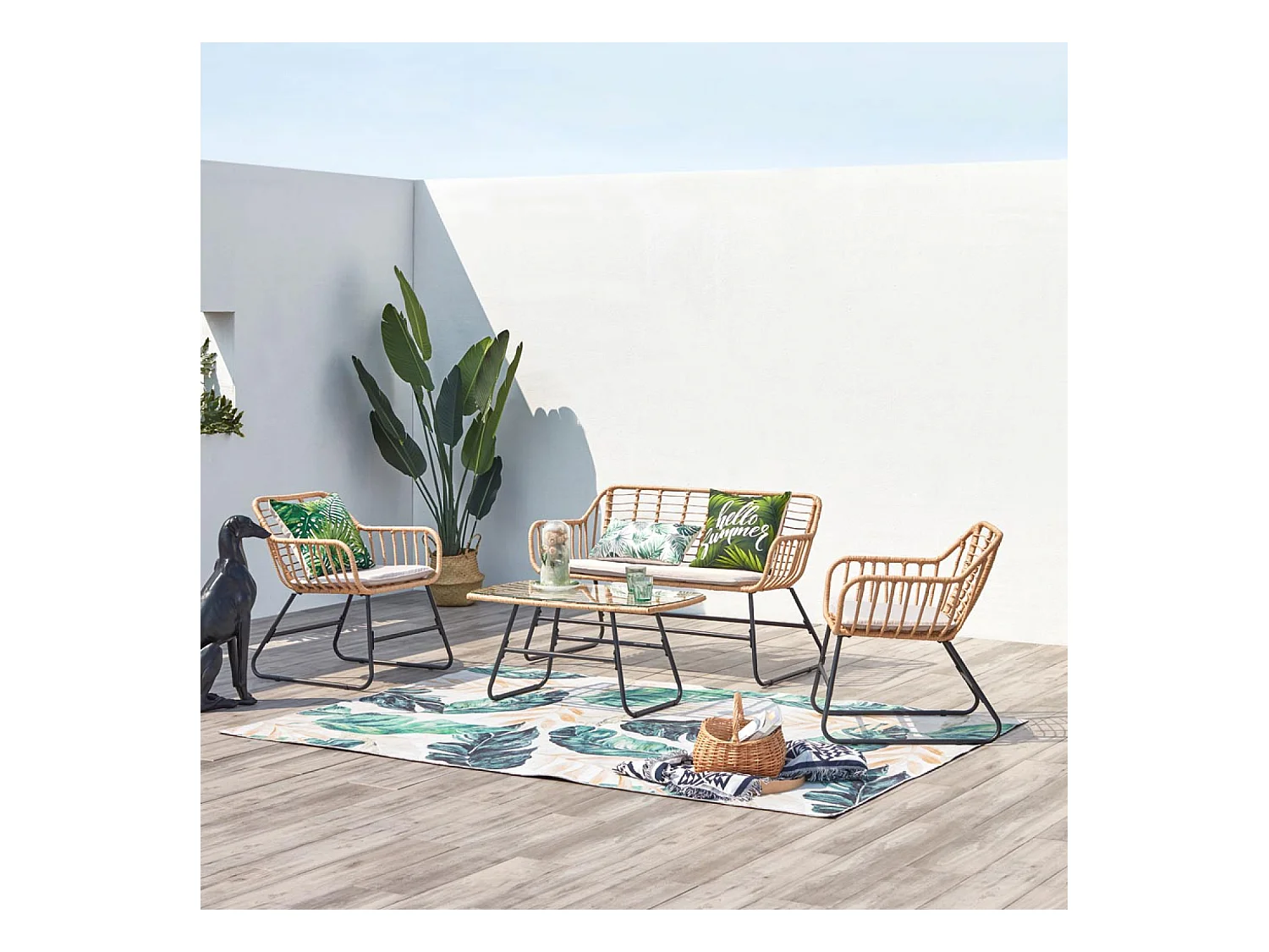 Salon de jardin 4 places en rotin et acier beige et noir PAREA