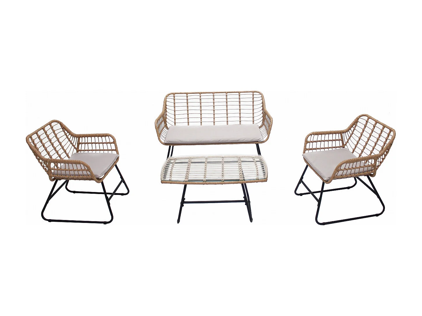 Salon de jardin 4 places en rotin et acier beige et noir PAREA