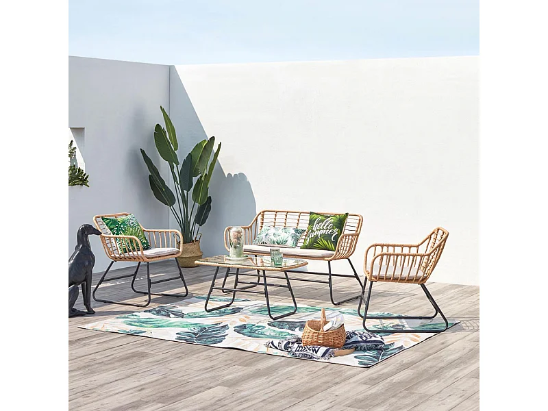 Gartenmöbel 4 Personen aus Rattan und beigefarbenem Stahl PAREA