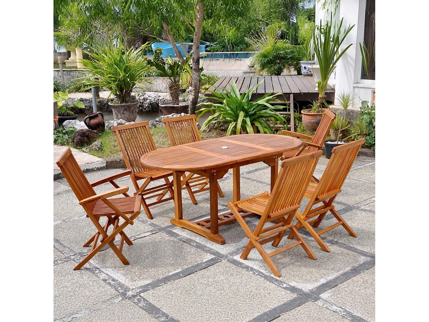 Salon de jardin Teck huilé 6 pers - Table ovale 4 chaises 2 fauteuils LUBOK