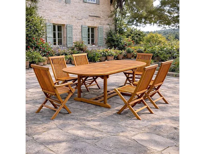 Tuinset voor 6 personen van geolied teakhout in ovale vorm LUBOK - Weerbestendig - Etnische stijl