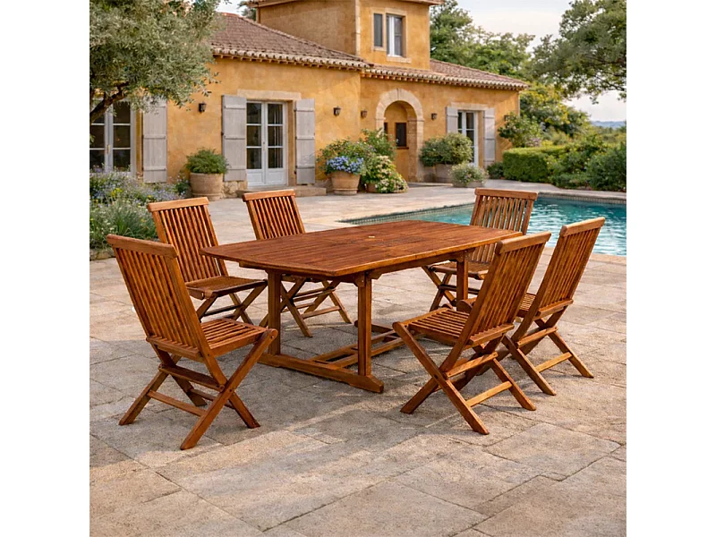 Tuinset 6 plaatsen van geolied teakhout LUBOK met afwerkingen in messing