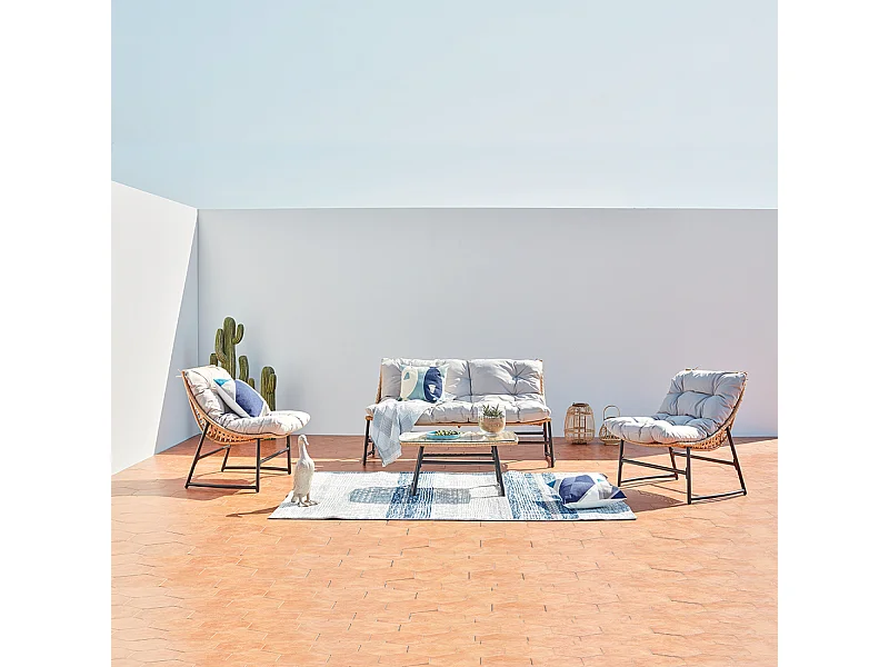 Lage 4-zits tuinset van natuurlijk rotan en staal - Guahana