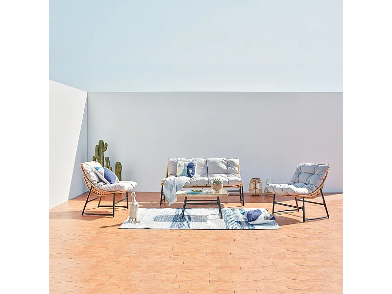 Conjunto de jardim baixo de 4 lugares em vime natural e aço - Guahana