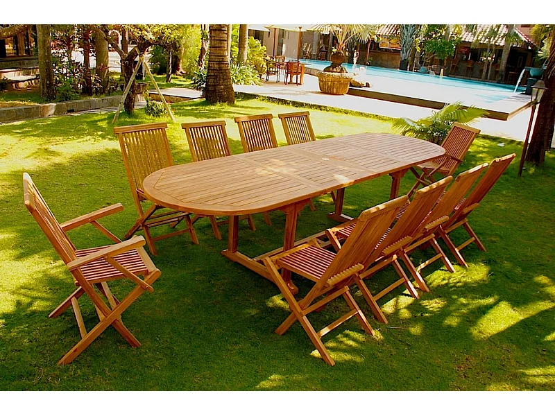 Salon de jardin Teck massif 10 à 12 personnes - Table ovale + 8 chaises + 2 fauteuils KAJANG