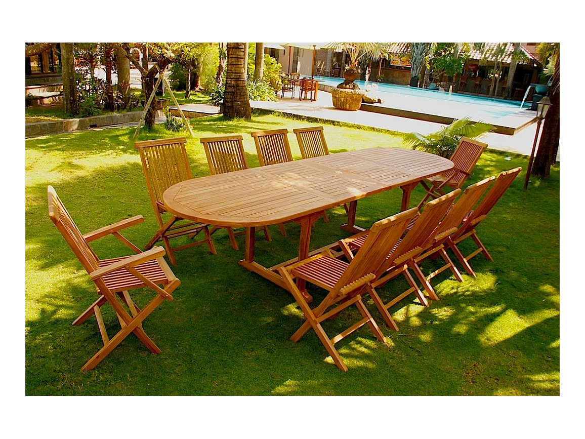 Salon de jardin Teck massif 10 à 12 personnes - Table ovale + 8 chaises + 2 fauteuils KAJANG