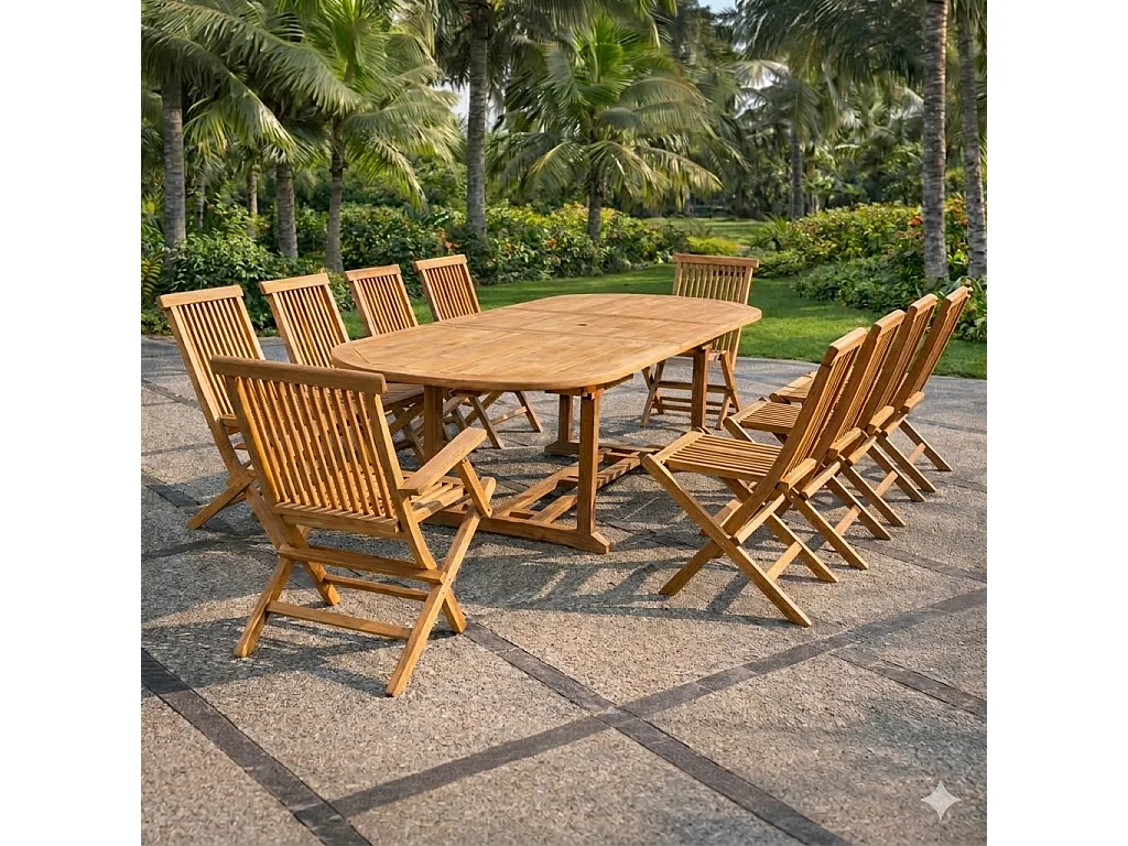 Salon de jardin Teck 12 places Table ovale 8 chaises 2 fauteuils KAJANG
