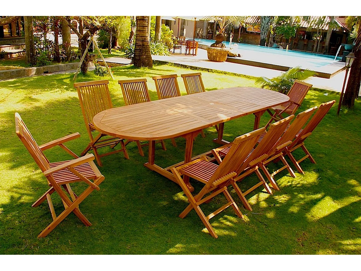 Salon de jardin Teck 12 places Table ovale 8 chaises 2 fauteuils KAJANG