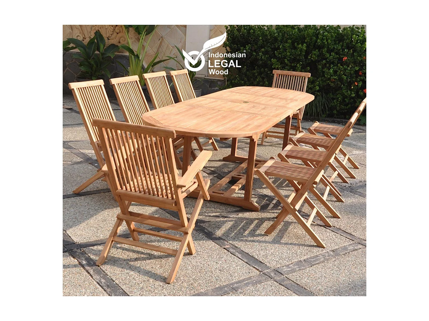 Salon de jardin Teck 12 places Table ovale 8 chaises 2 fauteuils KAJANG