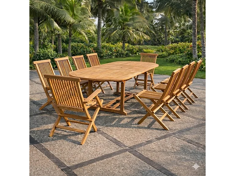 Salon de jardin Teck 12 places Table ovale 8 chaises 2 fauteuils KAJANG