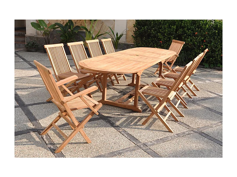 Salon de jardin Teck 12 places Table ovale 8 chaises 2 fauteuils KAJANG