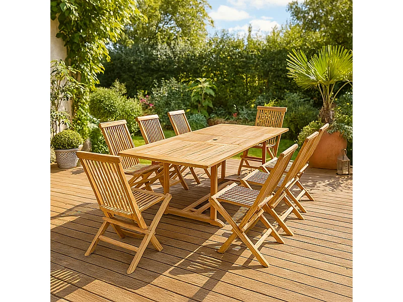 Salon de jardin en teck massif 8-10 personnes rectangulaire 8 chaises KAJANG