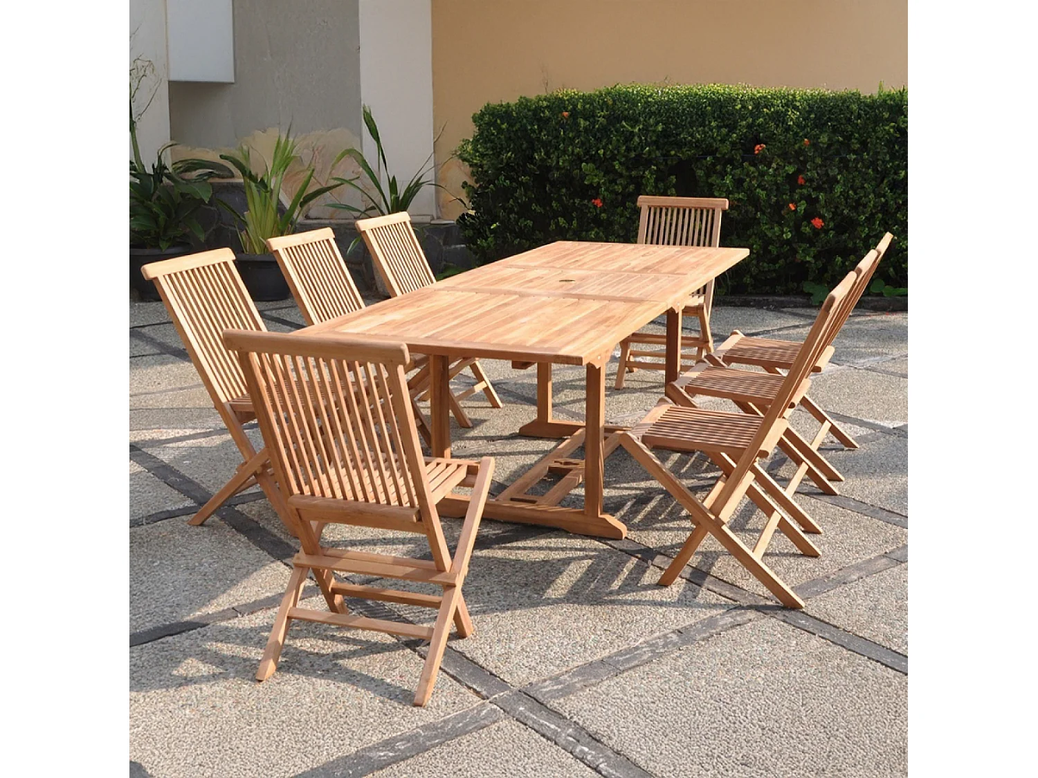 Salon de jardin en teck massif 8-10 personnes rectangulaire 8 chaises KAJANG