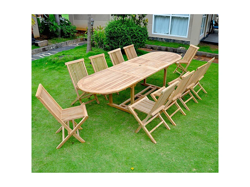 Salon de jardin Teck massif 10-12 personnes - Table ovale + 10 chaises KAJANG