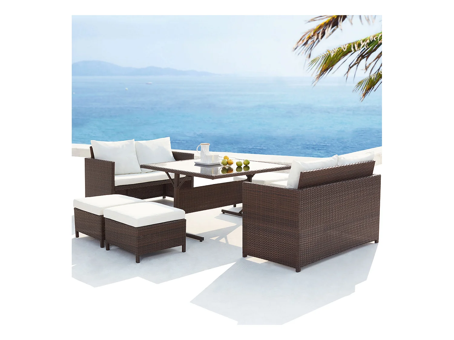 Salon de jardin encastrable 8 places en résine marron- blanc NOUMÉA
