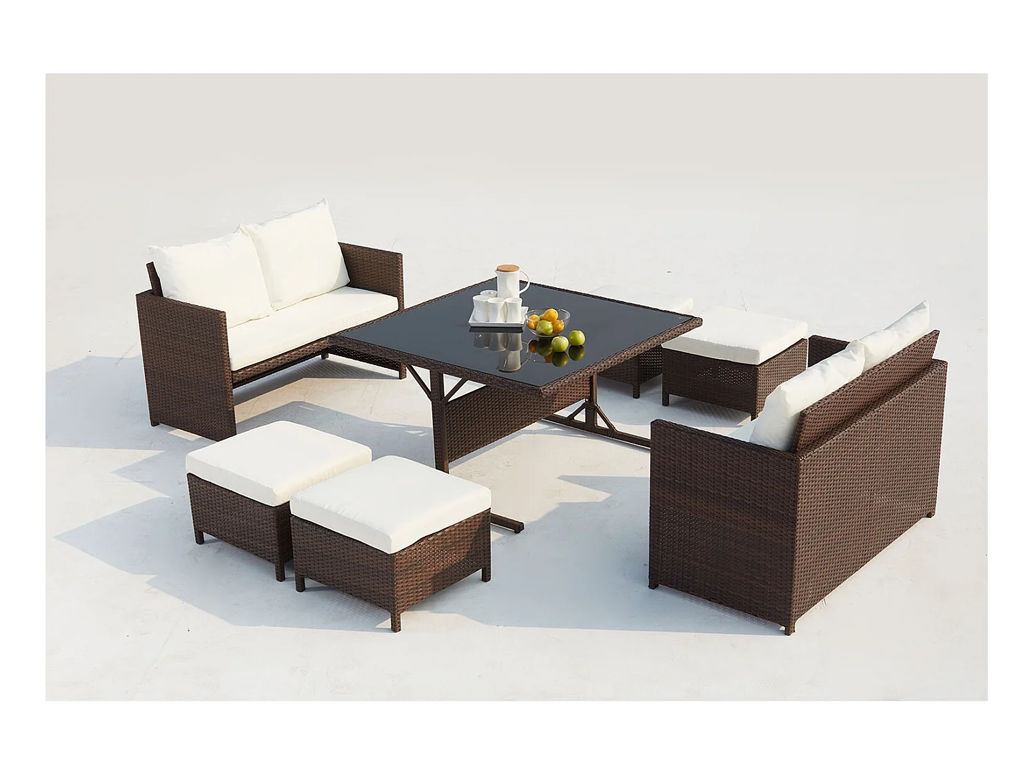 Salon de jardin encastrable 8 places en résine marron- blanc NOUMÉA