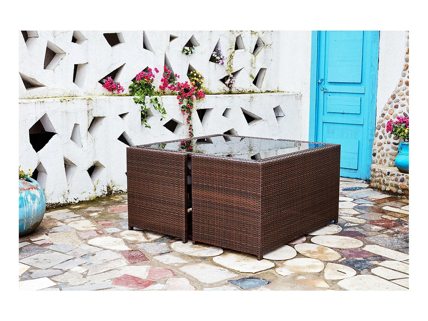 Salon de jardin encastrable 8 places en résine marron- blanc NOUMÉA